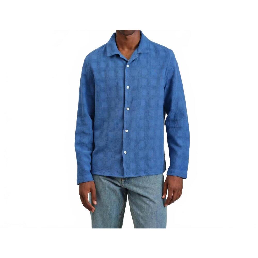 NEW WAX LONDON corey long sleeve shirt in cotton dobby check blue